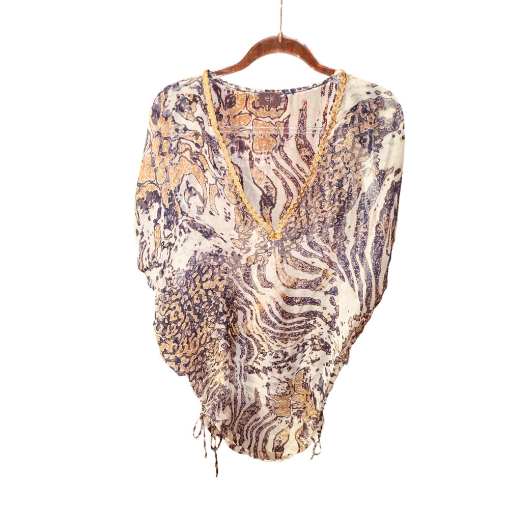 Silk Animal Print Kaftan Top Blue Gold Trim Medium Boho luxury Mob Wife Sexy Y2K